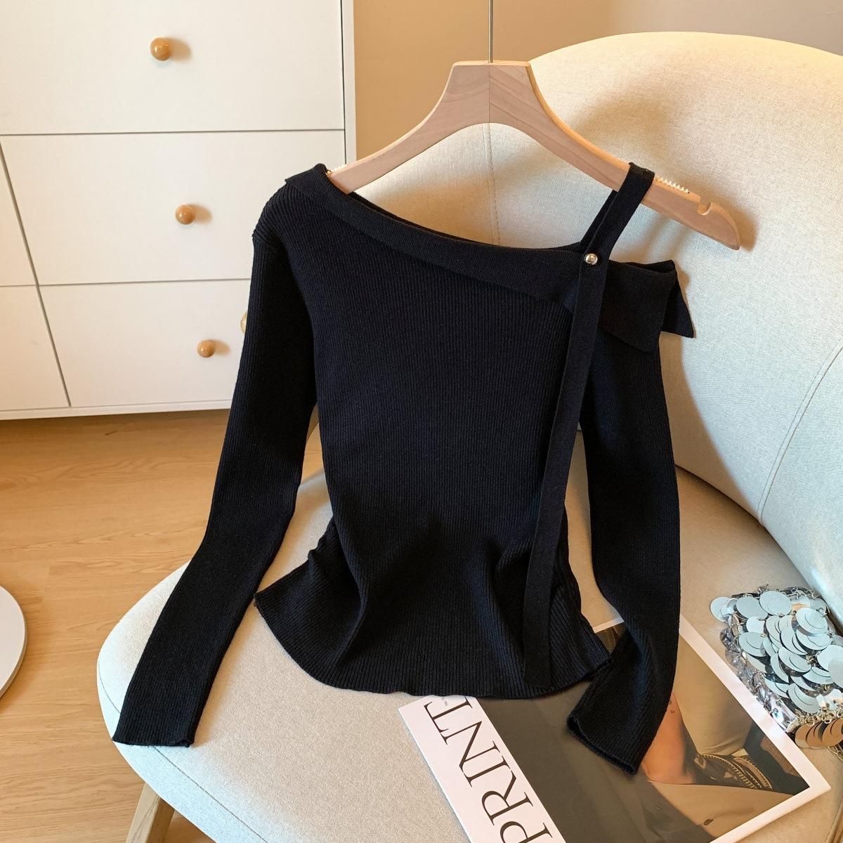 

Топ с косым плечом, базовый, с длинным рукавом, вязаный свитер, облегающий L чёрный