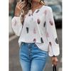 2026 Spring New V-neck Feather Print Long Sleeve Loose T-shirt for Women