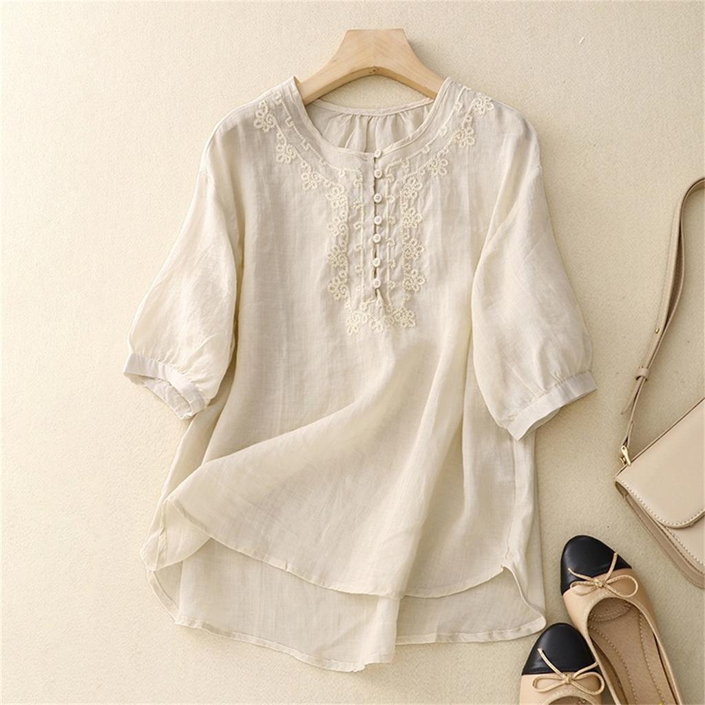 Damen Baumwoll-Leinen Rundhals Besticktes Lockeres Fünf-Viertel-Ärmel Oberteil
