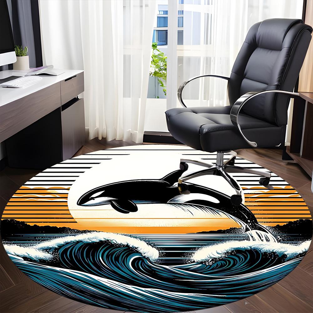 1pc Whale Waves Office Round Area Rug, Indoor Mat Suitable For Office, Under Office Chairs Bedroom Living Room Home Decor, Room Deco