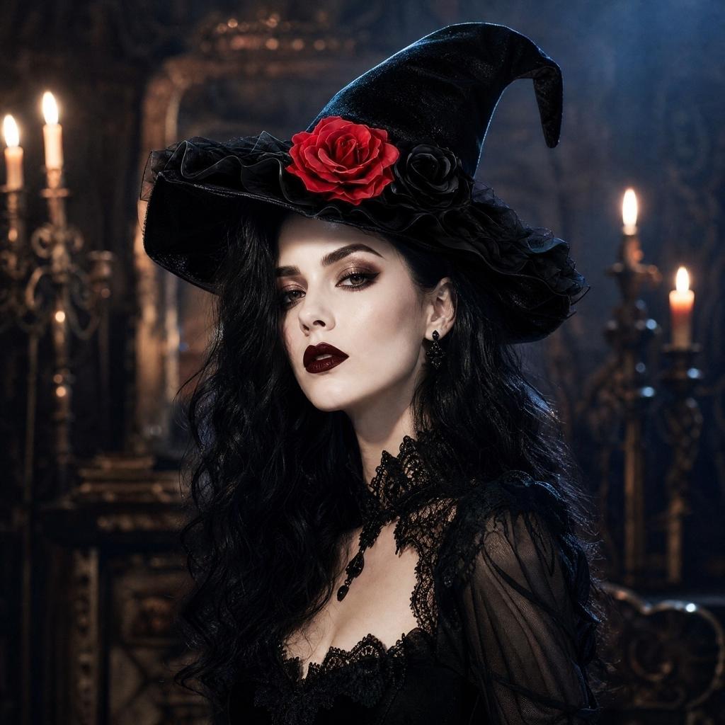 Halloween Witch Hat with Lace Trim and Rose
