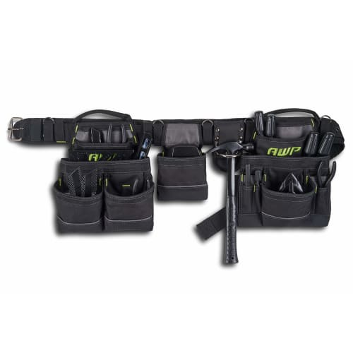 AWP Carpenter Tool Rig Premium Tool Belt with Carry Handle, Air Mesh Padded Belt, Fits Waist up to 50 Inches, Black