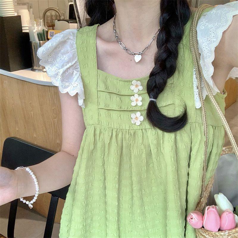 

Платье с маленькими рукавами-крылышками, свежий темперамент, контрастная расцветка, женское, лето, новый дизайн, нишевое, кукольная юбка S зелёный