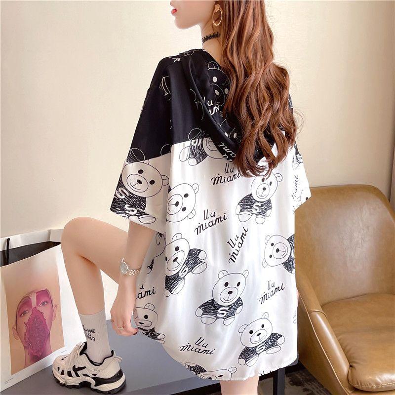 Damen Sommer T-Shirts mit Kapuze und kurzen Ärmeln, Übergröße, koreanischer Stil, lockere, übergroße Oberteile mit Cartoon-Motiv und süßem Bären-Print