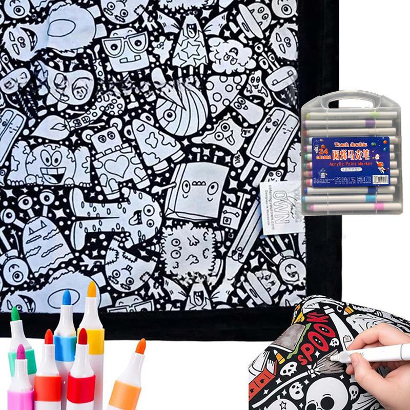 Diy Coloring Blanket With 24 Markers Color Your Own Cozy Velvet Throw Blanket For Kids Adults Creative Gift For Home Decor