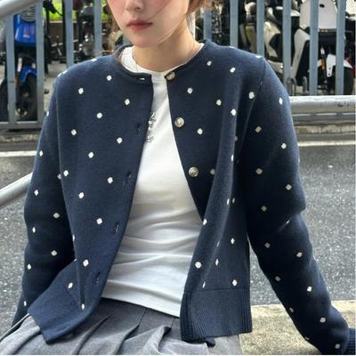 Early Autumn New Navy Blue Retro Slim Polka Dot Knitted Cardigan Sweater Jacket