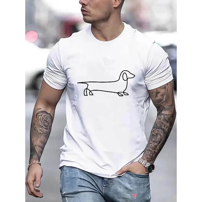 European Sizes Men's Fashion Dachshund Print T-Shirt - Casual Round Neck Short Sleeve, Comfortable Summer Top, Polyester