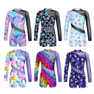 Gymnastics Leotards for Girls Dance Ballet Unitard Long Sleeves Mesh Athletic Outfits Teens Kid Dance Practice Jumpsuit Bodysuit