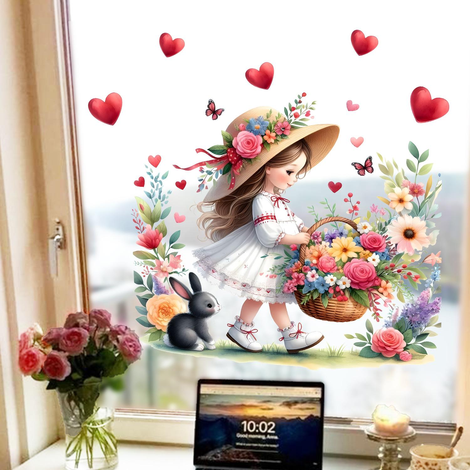 

Floral Girl with Heart Accents Static Cling Window Sticker Removable Self-Adhesive for Hallway Bedroom Living Room Balcony Glass Home Decor Art 38x40cm разноцветный