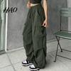Women Cargo Pants Hip Hop Baggy Solid Color Multi Pockets Lady Trousers Elastic Waist Match Top Loose Breathable Clothes
