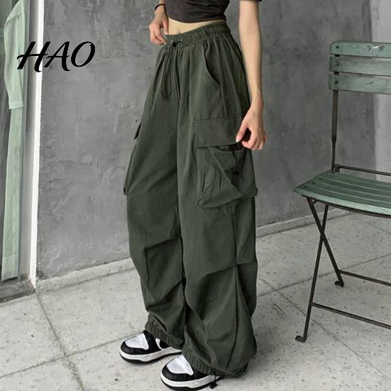 Women Cargo Pants Hip Hop Baggy Solid Color Multi Pockets Lady Trousers Elastic Waist Match Top Loose Breathable Clothes