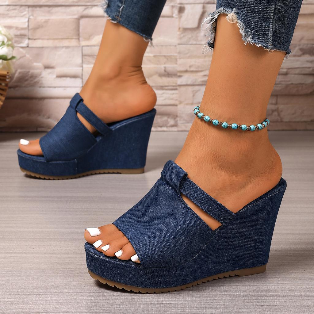 Women Platform Sandals Beach Wedges High Heels Sandals Summer 2025 New Anti-slip Sexy Denim Slippers Women Zapatos De Mujer