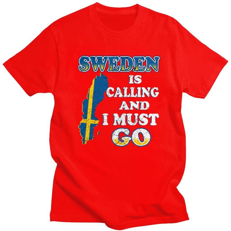 Mens Sweden Is Calling T Shirt Short Sleeve Cotton Tshirts Valentines Day Gift Casual Sweden Flag Tee Loose Fit Clothing S