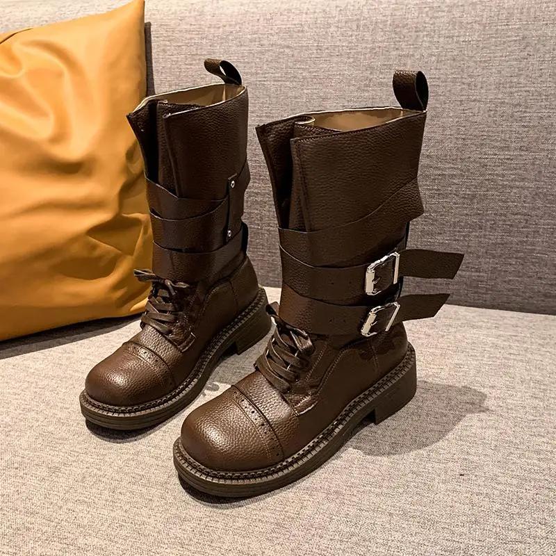 Fashion Brand Designe Metal Belt Buckle Mid Calf Boots Women 2025 Punk Medium Heel Western Cowboy Boots Fashion Winter Shoes Women