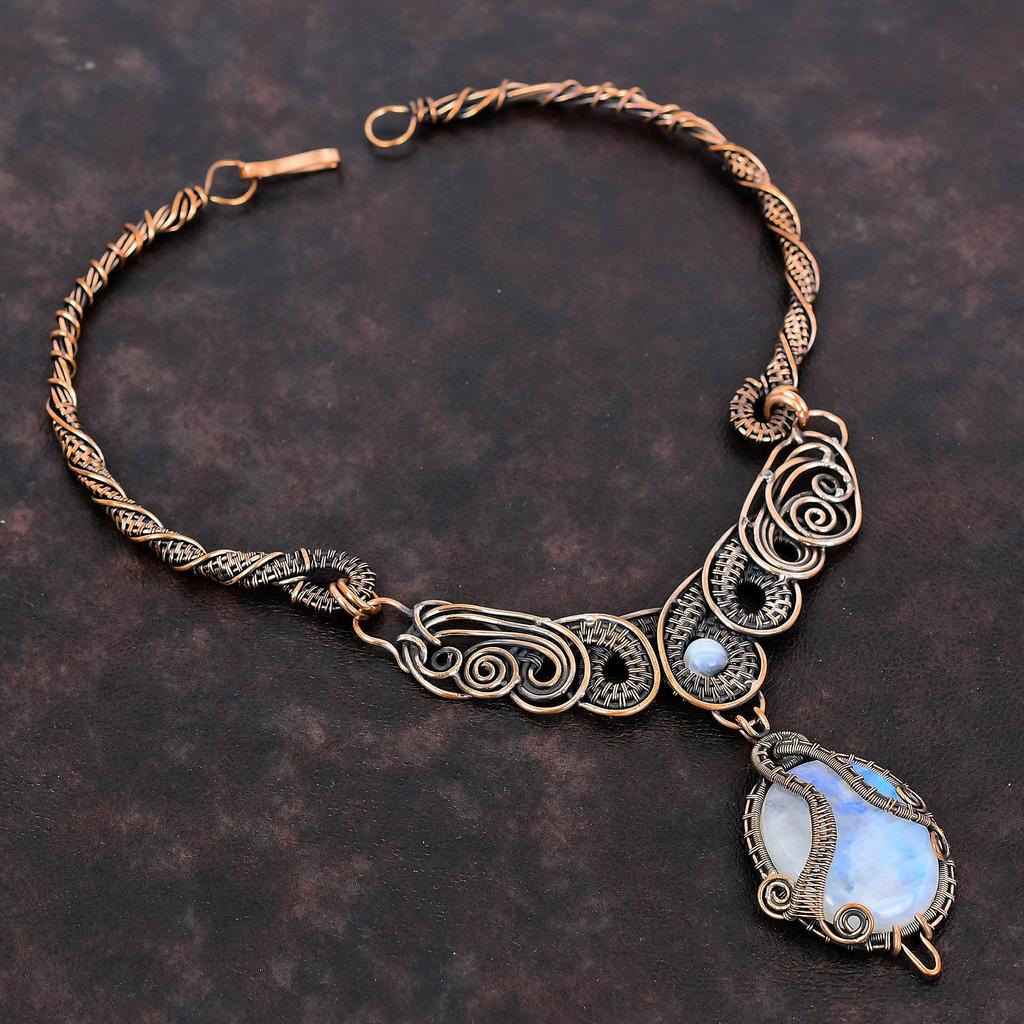 Rainbow Moonstone Necklace Copper Wire Wrapped Necklace Natural Gemstone Jewelry Handmade Elegant Necklace Copper Wire Jewelry Gift For Her