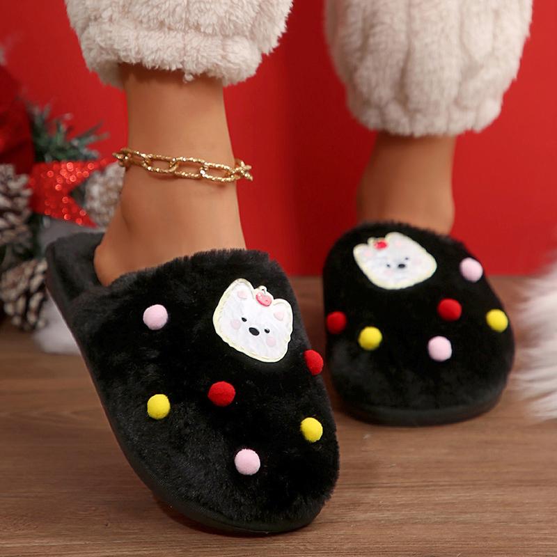 Fashion Cute Cartoon Pattern Soft Plush Slippers Women Indoor Non Slip Warm House Slippers Woman Black White Fuzzy Comfort Winter Shoes