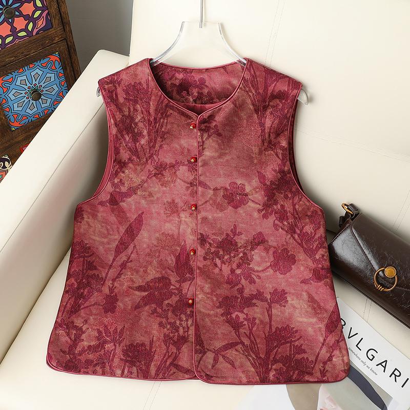 Chinese National Style Jacquard Vest for Women - 2026 Spring/Autumn Retro Sleeveless Top with Frog Button. XL 90-110