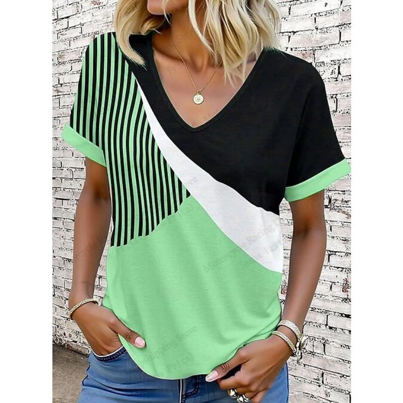 New Geometric Vintage Striped 3d Print T-shirt Women Fashion Casual V-Neck Short Sleeve Tops Tees Women Clothes Large Size Loose