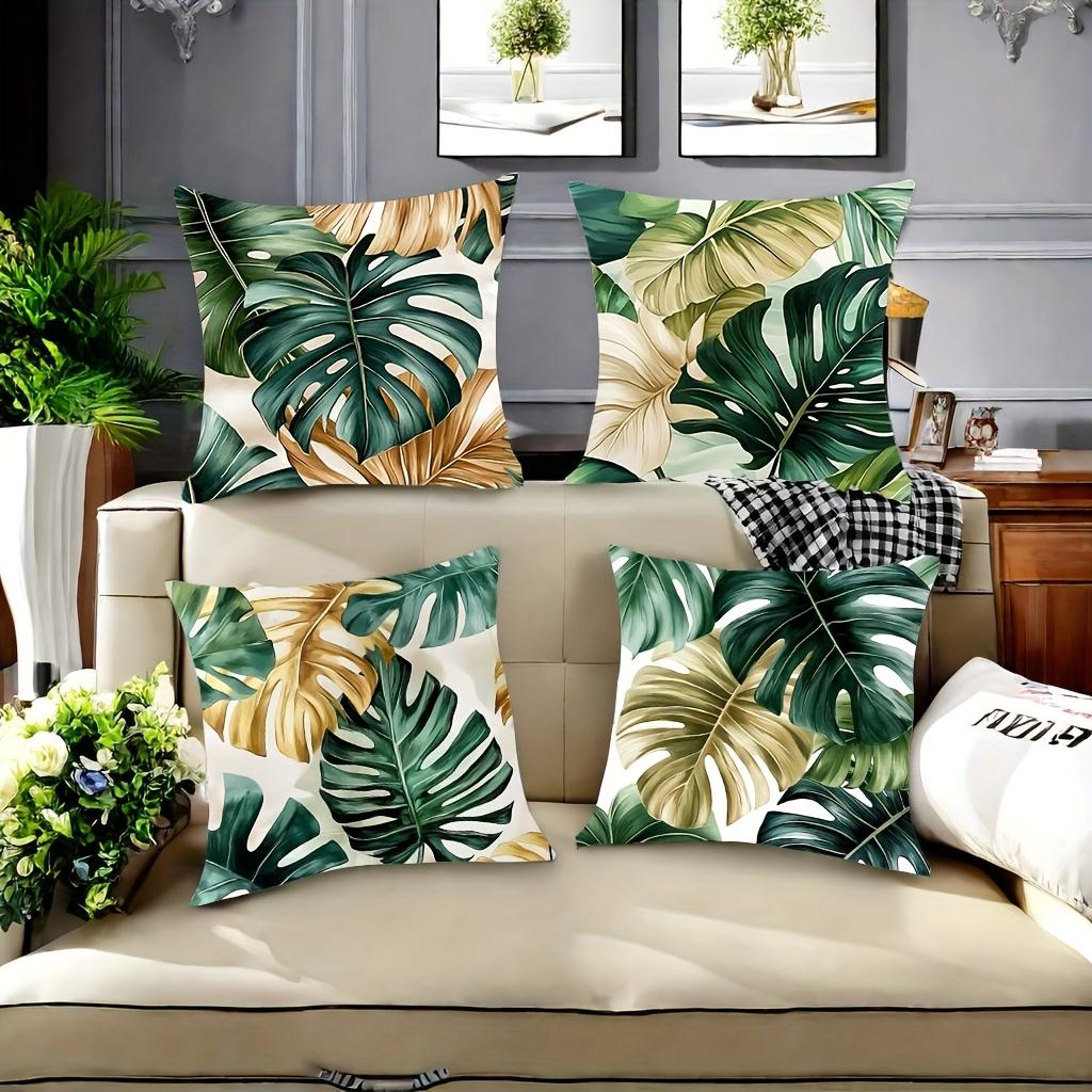 Ensemble de 4 taies d'oreiller feuilles de palmier tropicales - Fermeture éclair en polyester pour coussins de canapé et décoration de salon