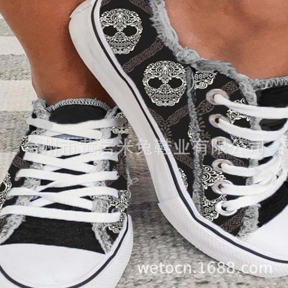 

Хэллоуин Череп Волосатые Шнуровка Холщовые Туфли Женские На Плоской Подошве Большой Размер Низкие Печатные Туфли 43 чёрный