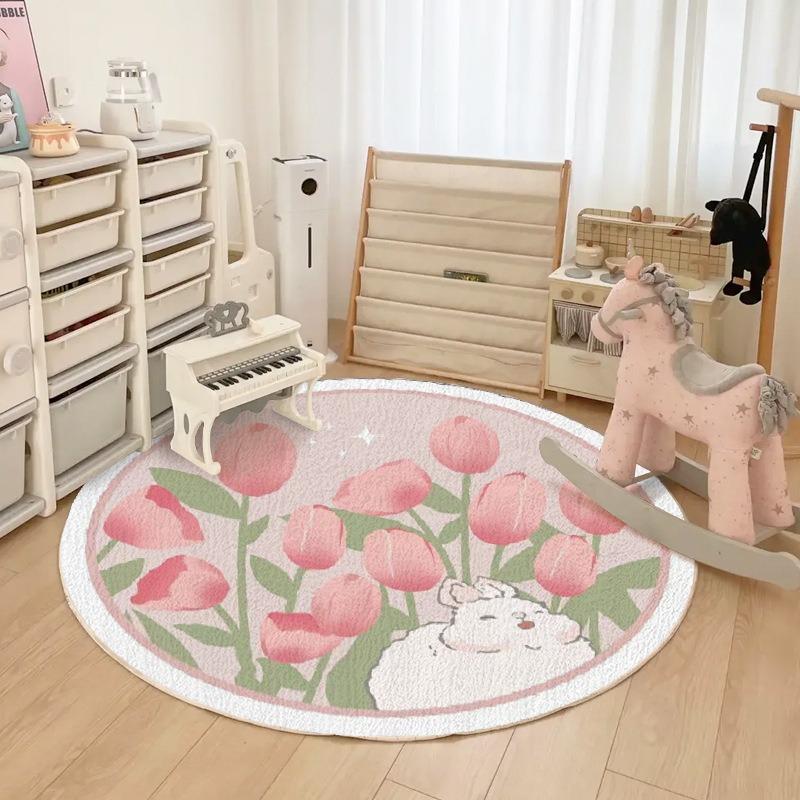 Cute Cartoon Animal Print Round Rug Super Soft Kids Play Mat for Living Room Bedroom Safe Non-Slip Circle Carpet Easy To Clean