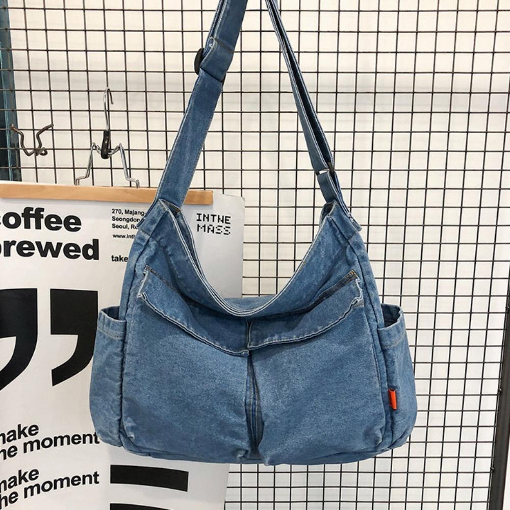 

Large Capacity Denim Canvas Bag Street Style Solid Crossbody Bag Casual Vintage Handbag Women&Men синий