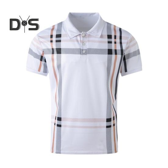 Men Summer Shirt Lapel Zipper Color Matching Plaid Striped Print Slim Fit Short Sleeve Pullover Mid Length Soft Breathable Men Business Top