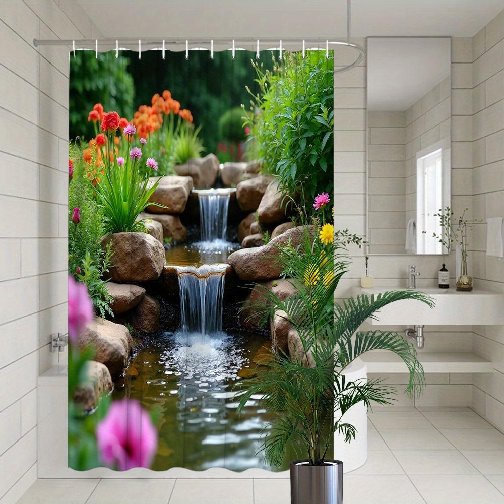Dunika Chen 3D Garden Waterfall Shower Curtain Nature Scene Flowers Rocks Stream Waterproof Fabric Peaceful Zen Bathroom Decor