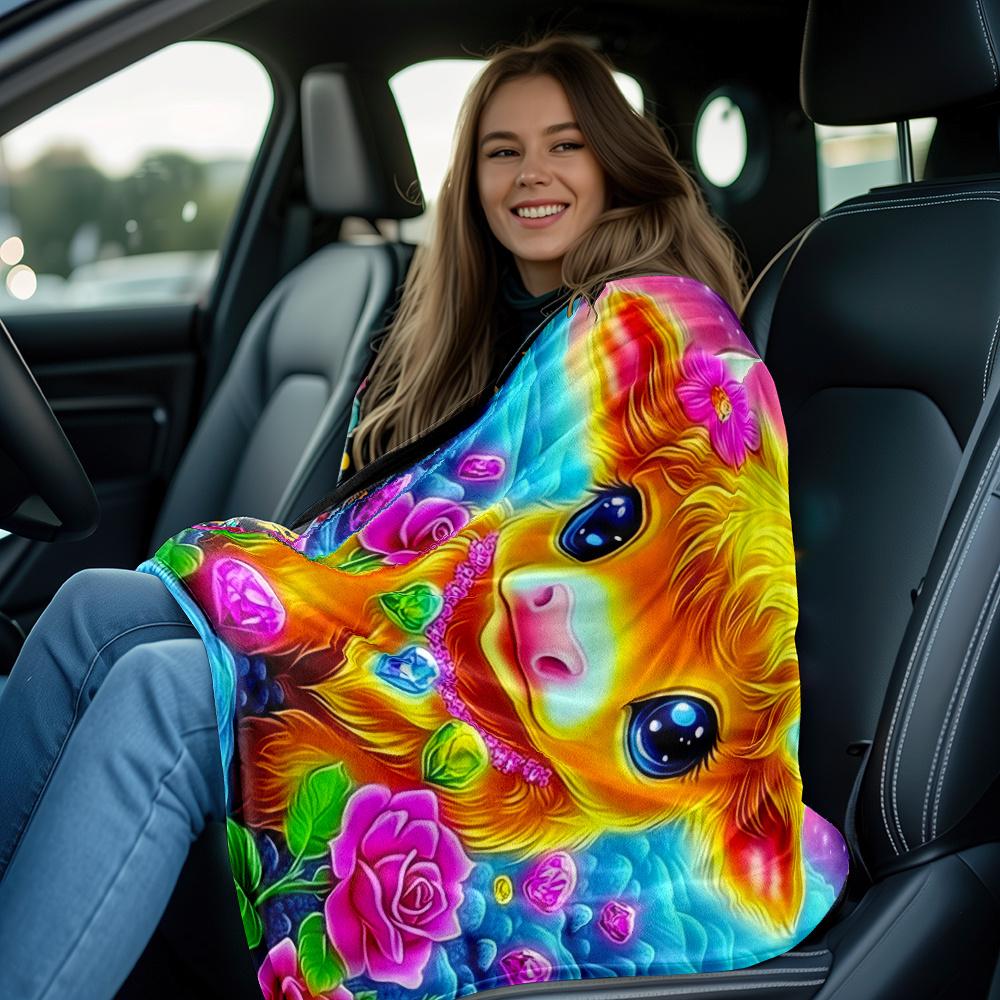 Colorful Rainbow Cow with Flowers and Gems Fleece Blanket Whimsical Animal Art Soft Plush Throw Blanket for Kids Room Decor