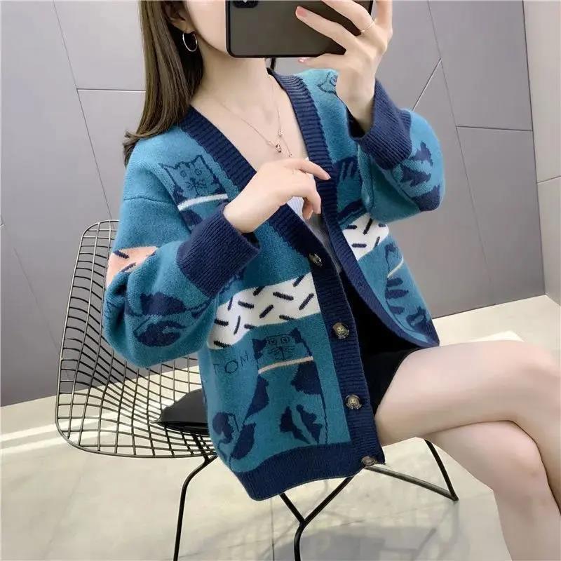 Autumn and Winter Loose Knitted Sweater Versatile Wear Fashion Casual Cartoon Kitten Color Matching V-neck Sweater Jacket Women