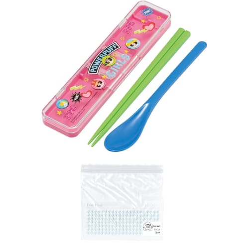 Powerpuff Girls Chopsticks and Spoon Combo Set, 18cm, Bento Chopsticks Case, Made in Japan, Dishwasher Safe, Antibacterial (Combo Set, Freezer Bag)