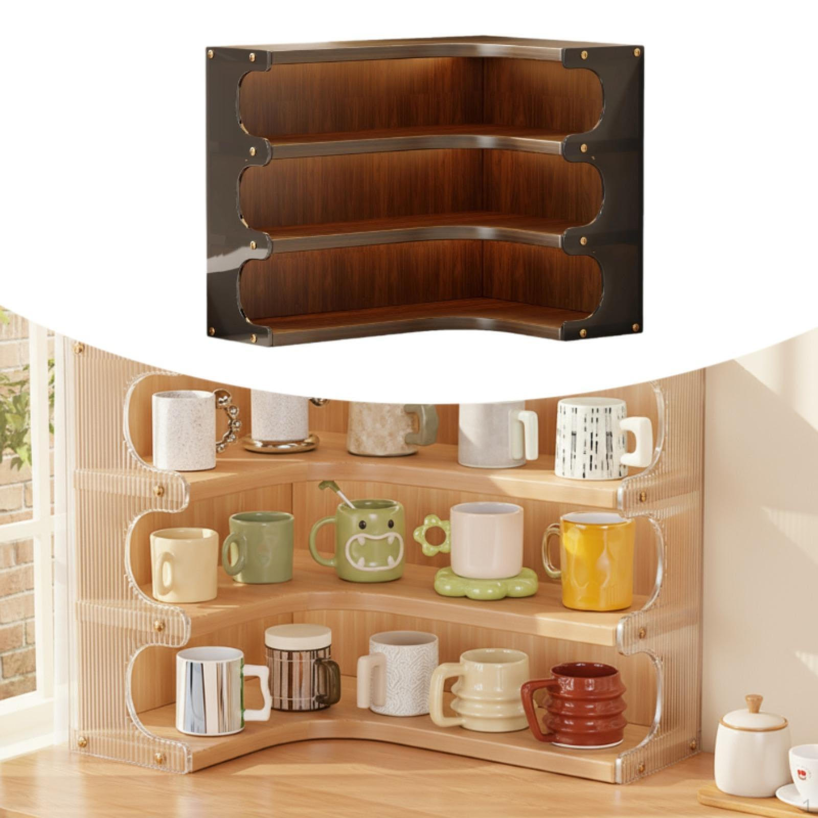 Corner Desk Organizer Shelf Countertop Modern Coffee Mug Holder Cup Storage Rack Wood