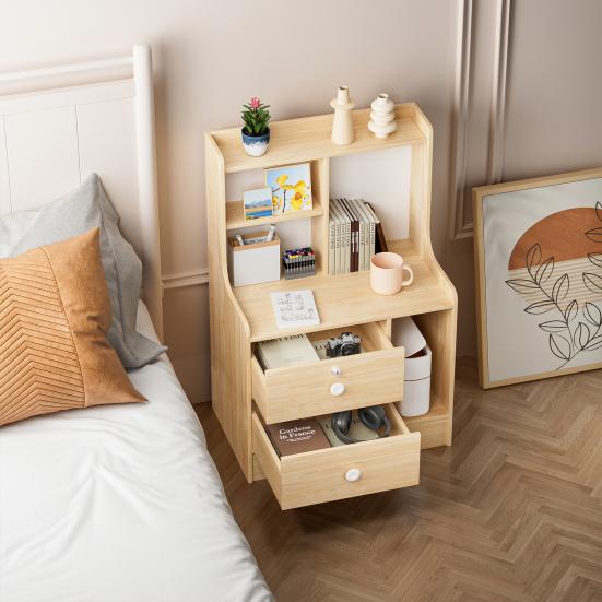 Bedside Table, Bedroom Nightstand, End Table with 2 Drawers and Opening Storage Shelves, Couch Table Wooden Bedside Table for Living Room