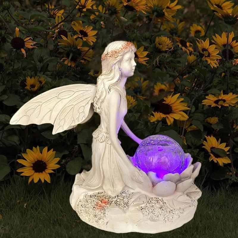 Angel Garden Figurine Outdoor Garden Statue Fairy Garden Figurine with LED Solar Light for Garden Lawn Yard Decoration