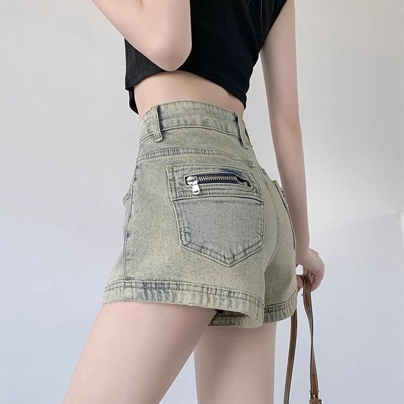 American Spicy Girl Women's High-Waist Denim Shorts, Summer 2024 - Slimming A-line Hot Pants, Washed Finish