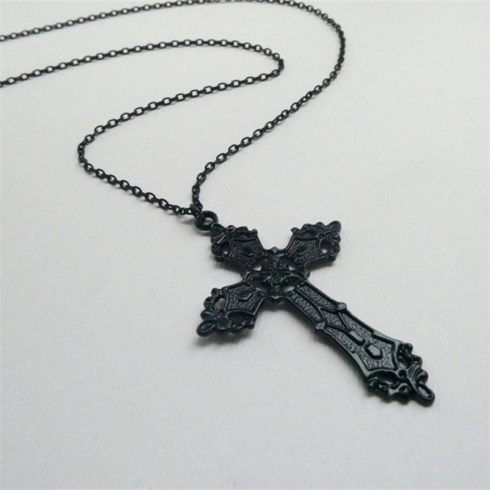 Gothic Punk Black Hollow Out Relief Pattern Cross Pendant Necklace for Women Men Hallowmas Party Hip-hop Rock Jewelry Gifts