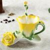 Creative Fashion 3D Pink Flower Enamel Ceramic Coffee Cup and Spoon for Stew Set Ceramic Water Glasses Valentine's Day Gift