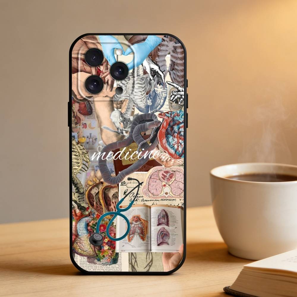 Medical Art Medicine Collage Phone Case For iPhone 16,15,14,13,12,17,Pro Max,Plus Silicone Black Case