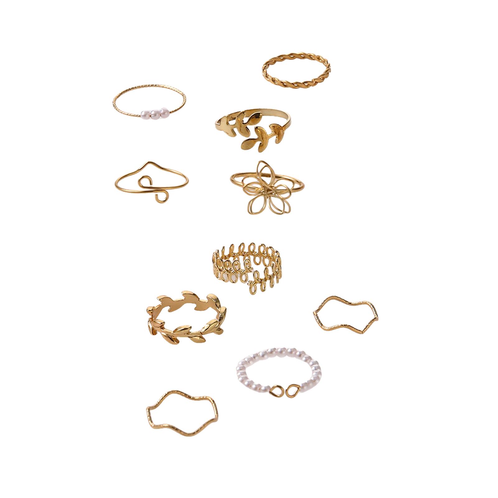 

Набор из 10 элегантных колец-шармов в виде полых цветов, листьев и лозы для женщин, модная бижутерия, аксессуары для пальцев для повседневной носки 1