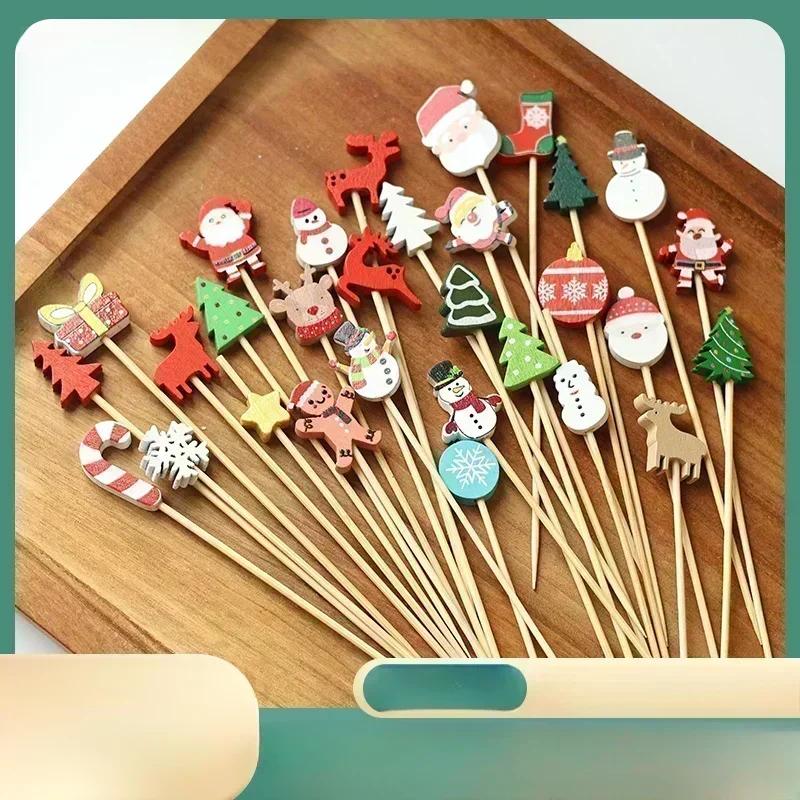 100PCS Christmas Cocktail Picks with Bambusa Material Featuring Tree Santa Snowman Reindeer and Snowflake Designs for Parties