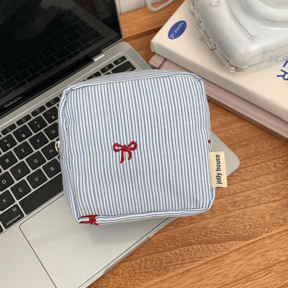 Striped Plaid Mini Makeup Bag Embroidered Multi-functional Lipstick Storage Pouch Zipper Closure Square Shape Cosmetic Bag