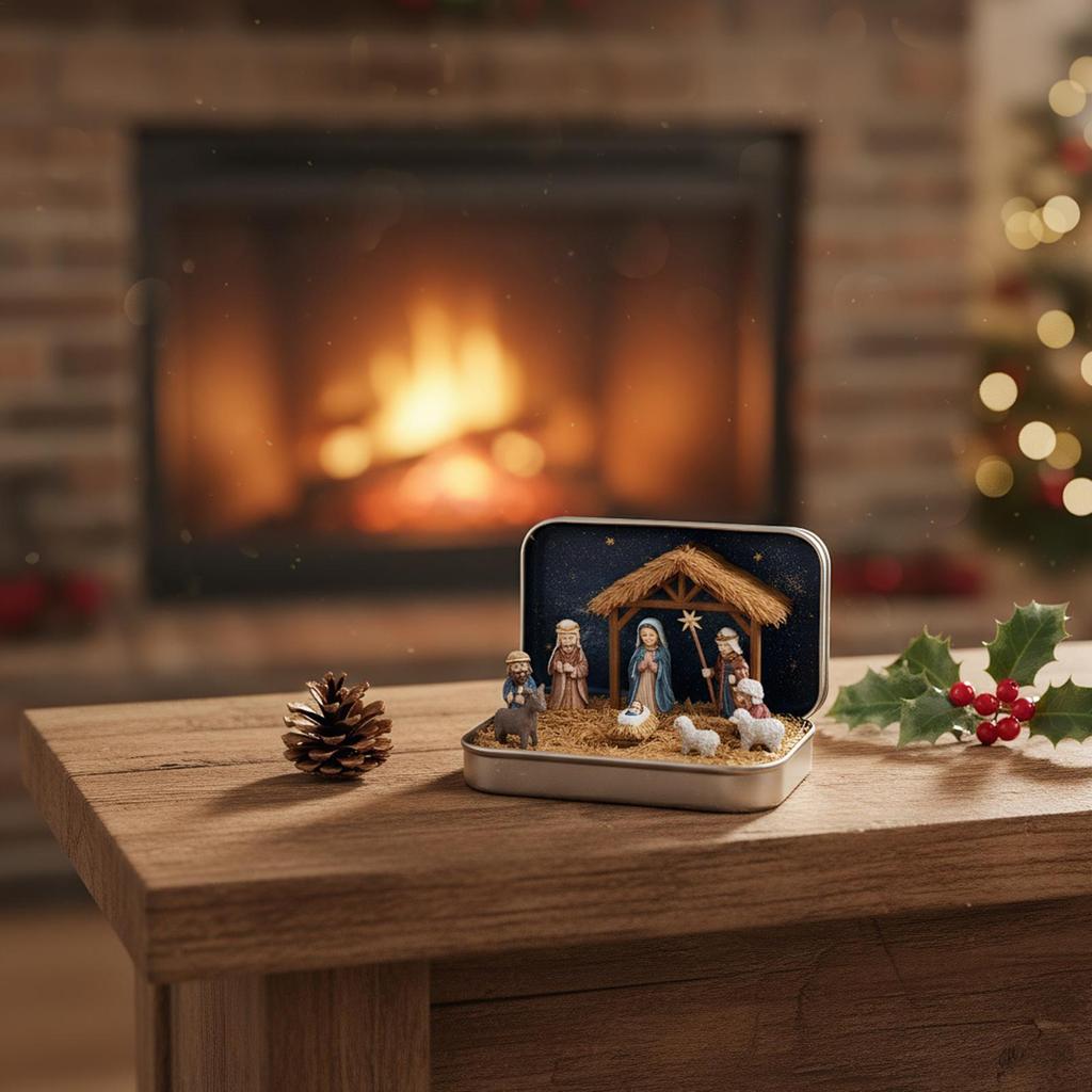 Christmas Nativity Scene Set In a Tin Box Handmade Pocket Size Nativity Scene Gift Iron Box Resin Nativity Scene Set
