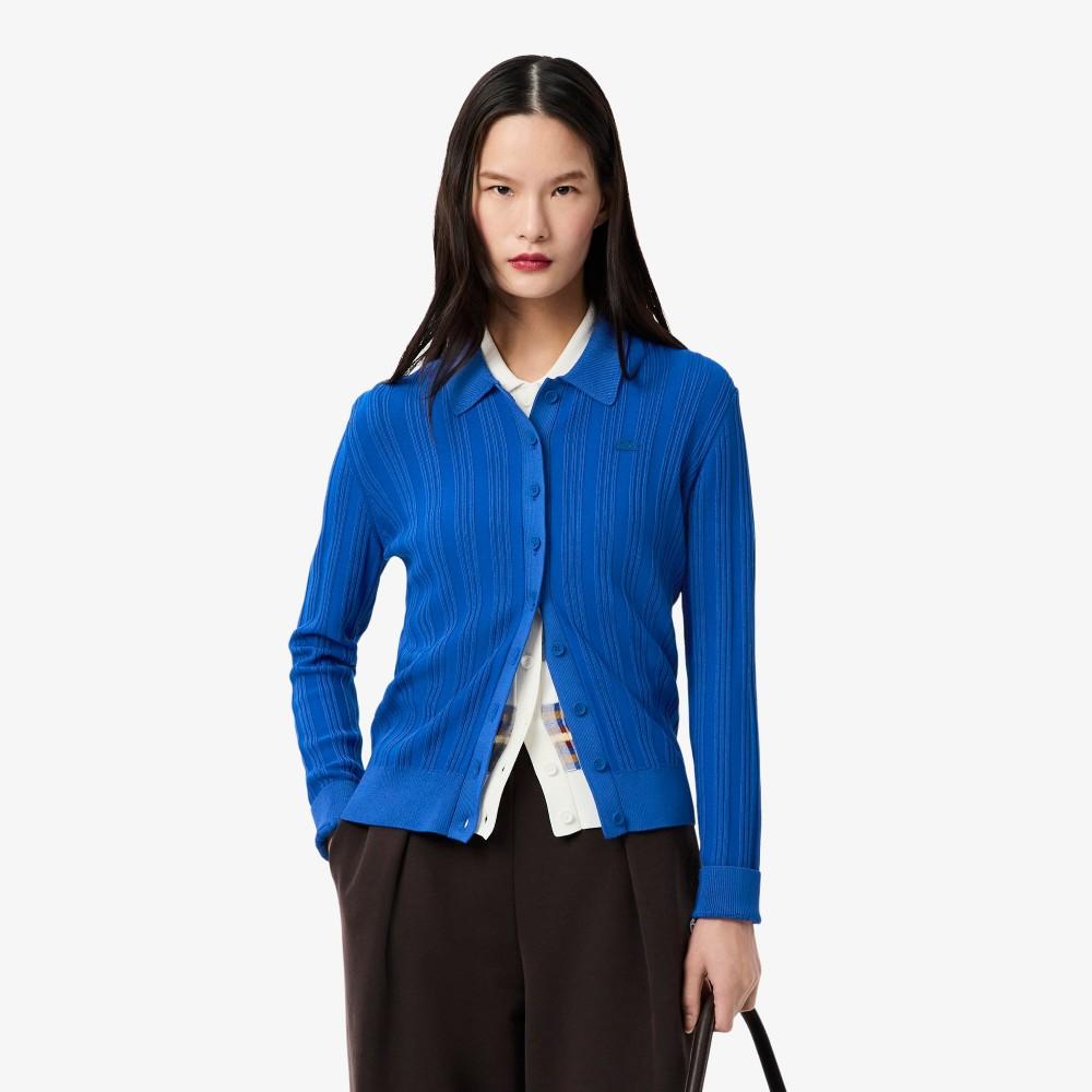 [lacoste] Women s Pleated Rib-Knit Long-Sleeve Polo Cardigan AF7614-55NC4X 34