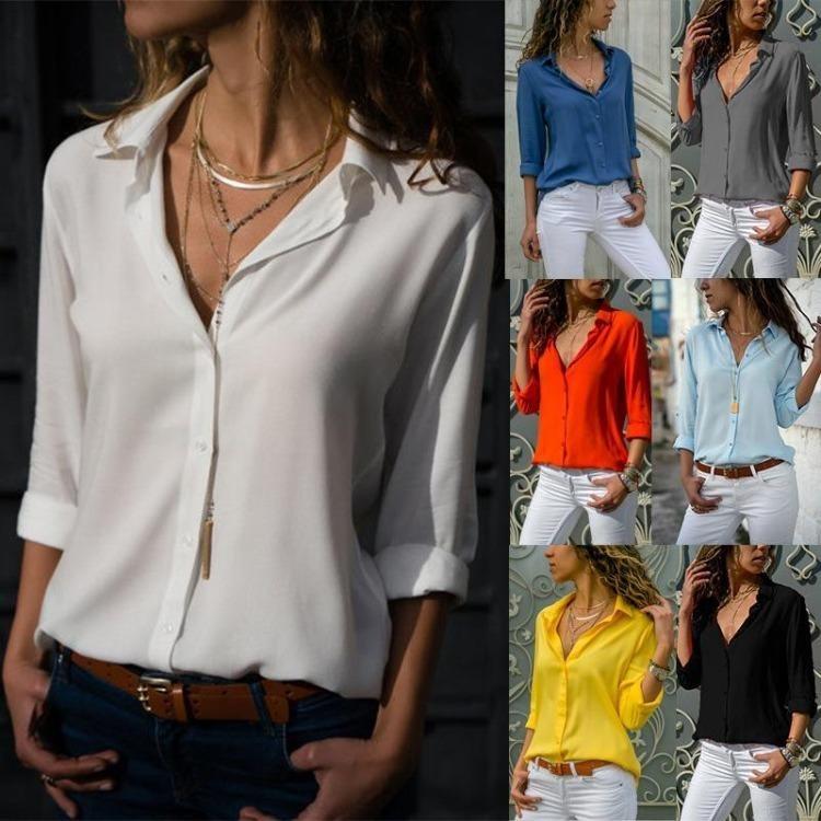 Spring Autumn Plus Size Women Blouses Solid Color Chiffon Shirts Long Sleeve Lapel Button Up Tops White Blue Black