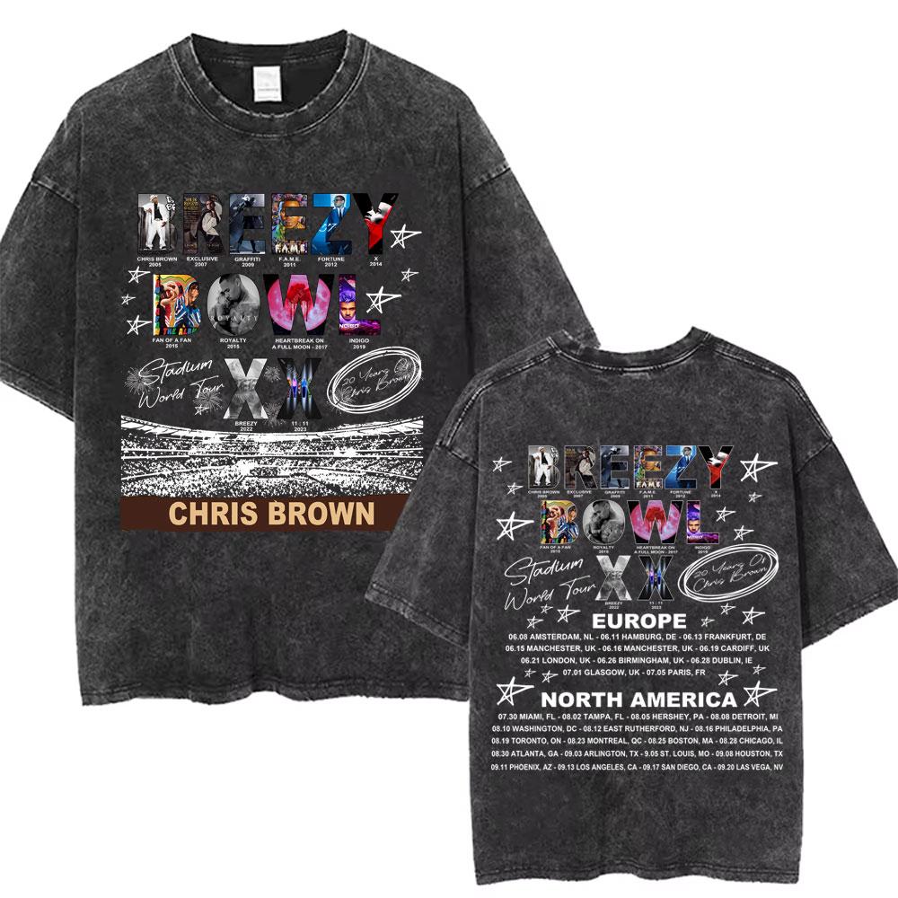 Retro gewaschen Chris Brown Breezy Bowl XX Tour Grafik T-Shirts Herren Hip Hop Mode Freizeit-T-Shirts Unisex Sommer Baumwoll-T-Shirts