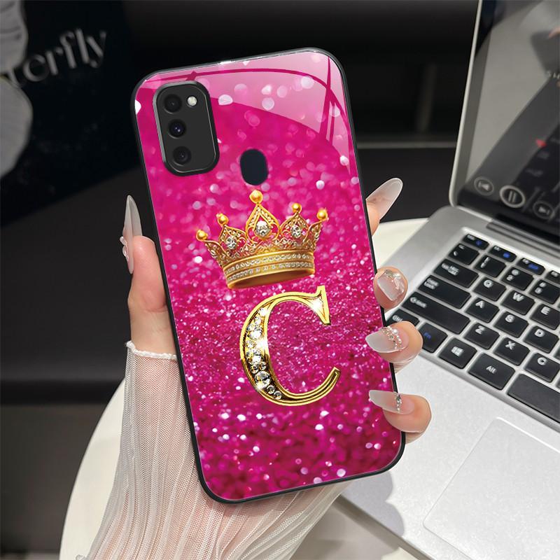 Für Samsung M21 M31 M21S M31S Hülle Modische Buchstaben Hartes Gehärtetes Glas Rückseitenabdeckungen Für Samsung Galaxy M30s M 31 M 21 Handyhülle
