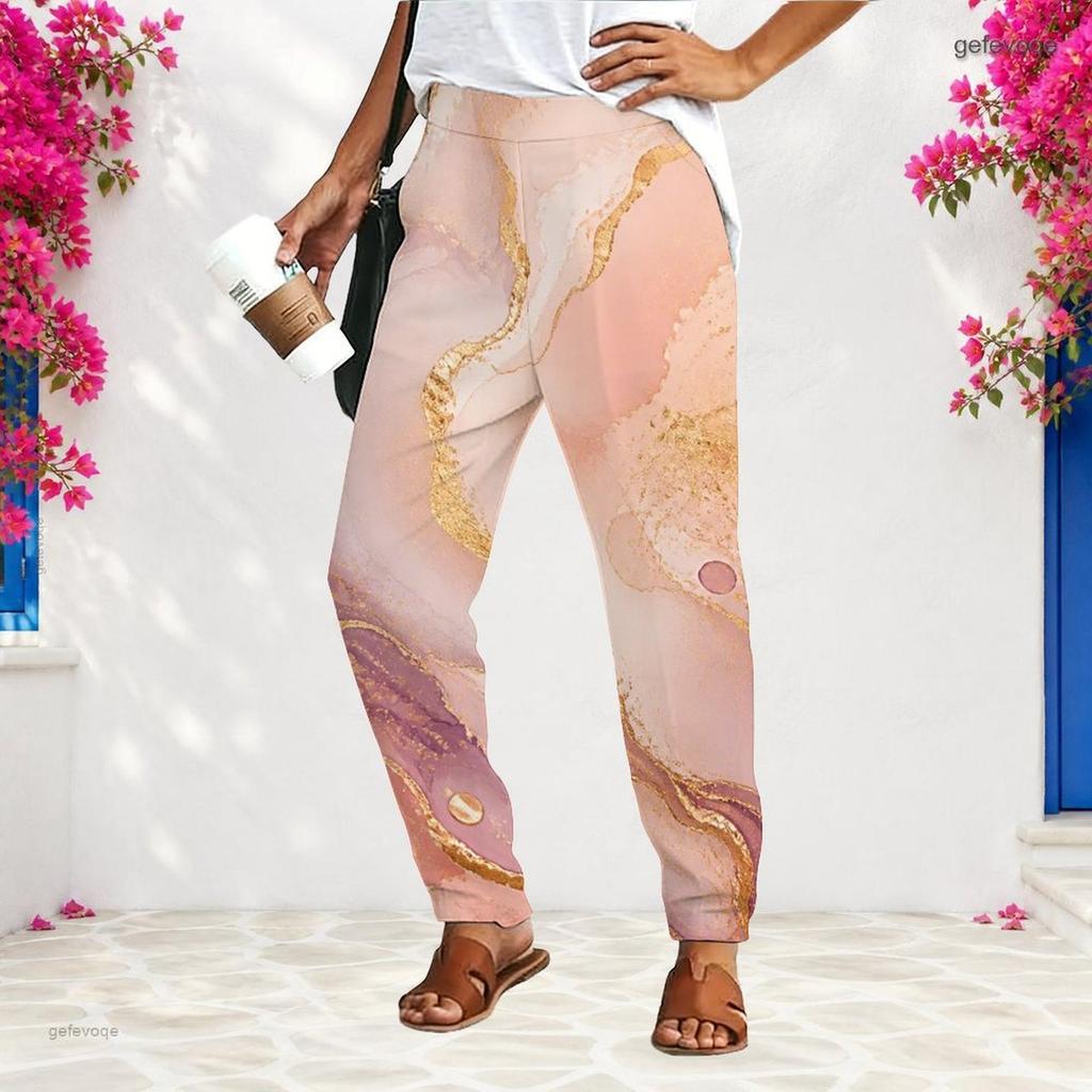 Women Plus Size Loose Straight Leg Long Pants Blue Gold Marble Printed With Pockets
