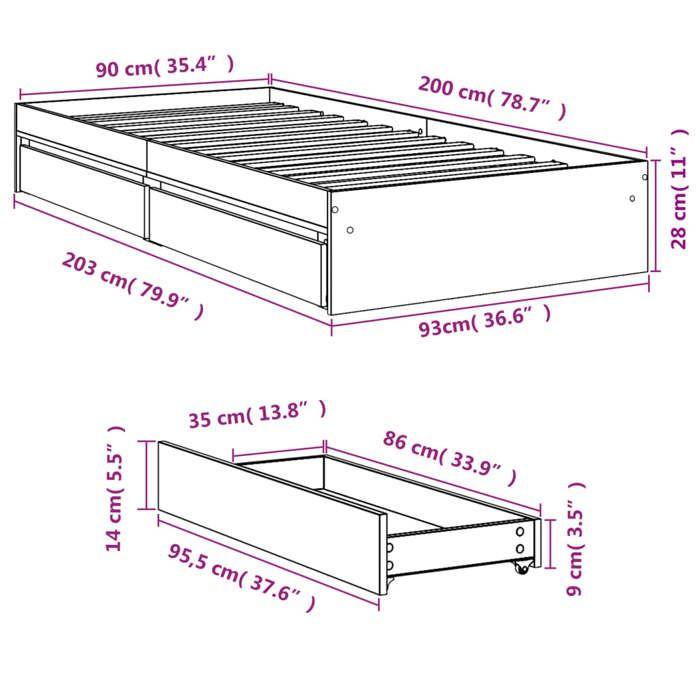 VidaXL Bed Frames and Drawers Sonoma Oak 90x200cm Engineered Wood, Bed, Storage Bed, Single Bed Frame, Bed 3280680