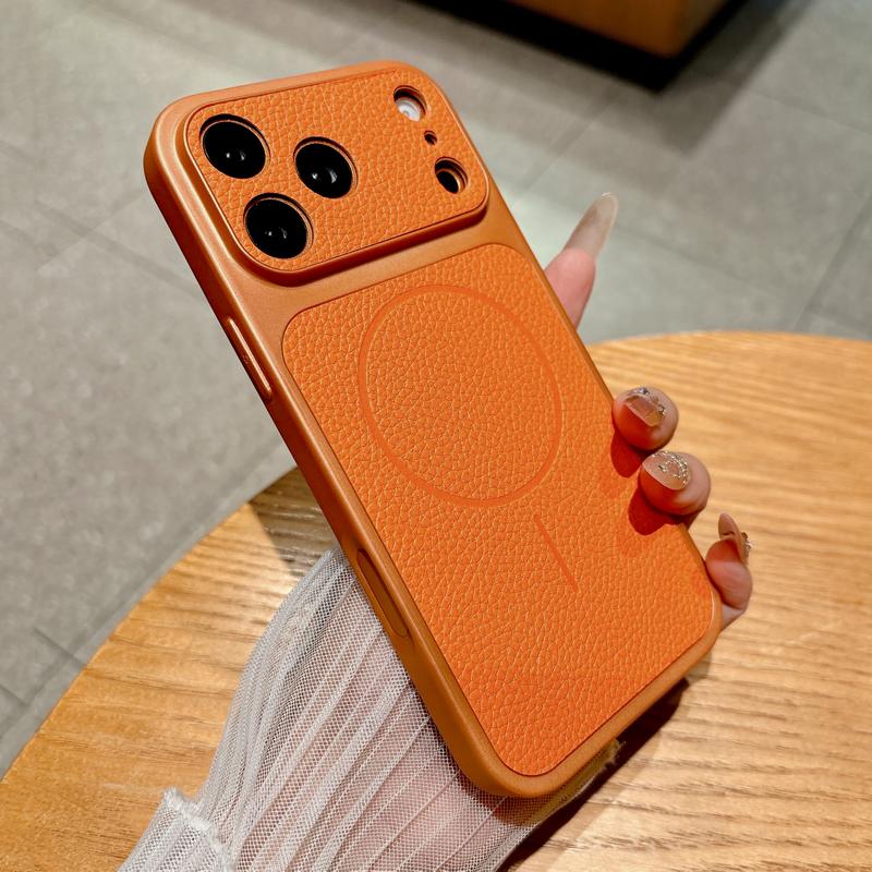 Luxury Lychee Pattern Leather Case For iPhone 17 16 15 14 13 Pro Max 16Pro  Magsafe Wireless Charge Cover