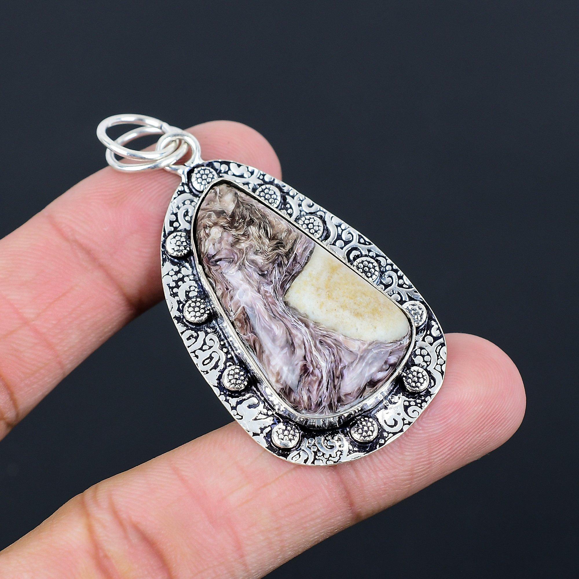 

Charoite Stone 925 Silver Bezel Birthday Third Eye Chakra Wife Wedding Pendant